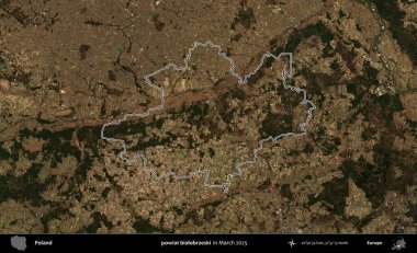 powiat bialobrzeski. Polonya 'nın idari bölgesinin ana hatları, Mart 2025' te çekilen Kopernik Nöbetçi karolarından oluşan bir uydu görüntüsü üzerine çizildi.