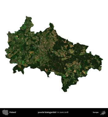 powiat bialogardzki. Polonya idari bölgesi, Haziran 2018 'de çekilen Kopernik Nöbetçi karolarından oluşan bir uydu görüntüsü üzerinde beyaza izole edildi.