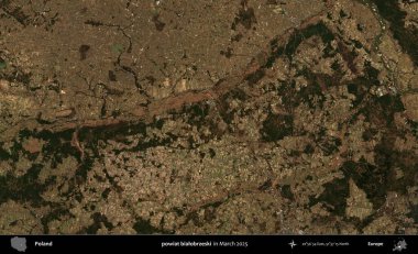 powiat bialobrzeski. Copernicus Sentinel 'in Mart 2025' te çekilmiş uydu görüntüsü üzerine Polonya 'nın idari bölgesi