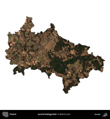 powiat bialogardzki. Polonya idari bölgesi, Mart 2022 'de çekilen Kopernik Nöbetçi karolarından oluşan bir uydu görüntüsü üzerinde beyaza izole edildi.