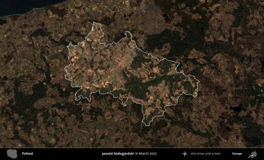 powiat bialogardzki. Polonya 'nın idari alanı, Mart 2022' de çekilen Kopernik Nöbetçi karolarından oluşan koyu renkli bir uydu görüntüsü üzerine vurgulandı ve özetlendi.