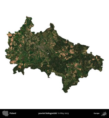 powiat bialogardzki. Polonya 'nın idari bölgesi, Mayıs 2023' te çekilen Kopernik Nöbetçi Fayanslarından oluşan bir uydu görüntüsüyle beyaza izole edildi.