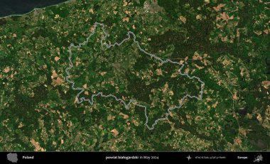powiat bialogardzki. Mayıs 2024 'te çekilen Kopernik Nöbetçi karolarından oluşan bir uydu görüntüsünde Polonya' nın idari bölgesinin ana hatları belirlendi