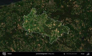 powiat bialogardzki. Polonya 'nın idari alanı, Mayıs 2024' te çekilen Kopernik Nöbetçi karolarından oluşan koyu renkli bir uydu görüntüsü üzerinde vurgulandı ve özetlendi.