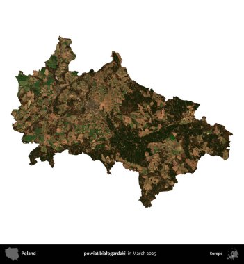 powiat bialogardzki. Polonya idari bölgesi, Mart 2025 'te çekilen Kopernik Nöbetçi karolarından oluşan bir uydu görüntüsü üzerinde beyaza izole edildi.