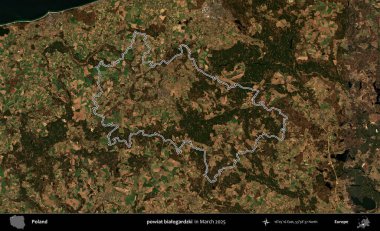 powiat bialogardzki. Polonya 'nın idari bölgesinin ana hatları, Mart 2025' te çekilen Kopernik Nöbetçi karolarından oluşan bir uydu görüntüsü üzerine çizildi.