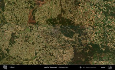 powiat bialostocki. Polonya 'nın idari bölgesi, Ekim 2021' de çekilen Kopernik Sentinel karolarından oluşan bir uydu görüntüsü üzerine kurulmuştur.