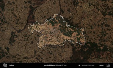 powiat bialostocki. Polonya 'nın idari alanı, Mart 2022' de çekilen Kopernik Nöbetçi karolarından oluşan koyu renkli bir uydu görüntüsü üzerine vurgulandı ve özetlendi.