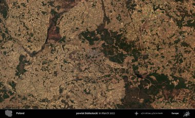 powiat bialostocki. Copernicus Sentinel 'in Mart 2022' de çekilmiş uydu görüntüsü üzerine Polonya 'nın idari bölgesi.