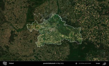 powiat bialostocki. Polonya 'nın idari alanı, Mayıs 2023' te çekilen Kopernik Nöbetçi karolarından oluşan koyu renkli bir uydu görüntüsü üzerinde vurgulandı ve özetlendi.