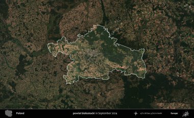 powiat bialostocki. Polonya 'nın idari alanı, Eylül 2024' te çekilen Kopernik Nöbetçi karolarından oluşan koyu renkli bir uydu görüntüsü üzerine vurgulandı ve özetlendi