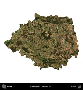 powiat bielski. Polonya idari bölgesi, Ekim 2021 'de çekilen Kopernik Nöbetçi karolarından oluşan bir uydu görüntüsü üzerinde beyaza izole edildi.