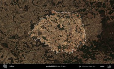 powiat bielski. Polonya 'nın idari alanı, Mart 2022' de çekilen Kopernik Nöbetçi karolarından oluşan koyu renkli bir uydu görüntüsü üzerine vurgulandı ve özetlendi.