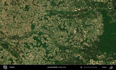 powiat bielski. Copernicus Sentinel 'in Mayıs 2023' te çekilmiş uydu görüntüsü üzerine Polonya 'nın idari bölgesi.