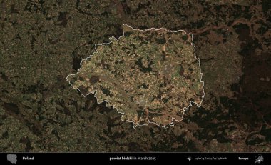 powiat bielski. Polonya 'nın idari alanı, Mart 2025' te çekilen Kopernik Nöbetçi karolarından oluşan koyu renkli bir uydu görüntüsü üzerine vurgulandı ve özetlendi