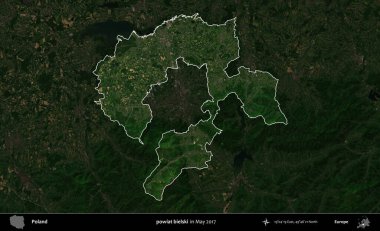 powiat bielski. Polonya 'nın idari alanı, Mayıs 2017' de çekilen Kopernik Nöbetçi karolarından oluşan koyu renkli bir uydu görüntüsü üzerinde vurgulandı ve özetlendi.