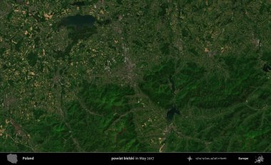 powiat bielski. Copernicus Sentinel 'in Mayıs 2017' de çekilmiş uydu görüntüsü üzerine Polonya 'nın idari bölgesi.