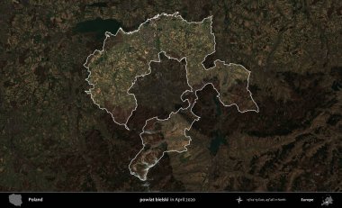 powiat bielski. Polonya 'nın idari alanı, Nisan 2020' de çekilen Kopernik Nöbetçi karolarından oluşan koyu renkli bir uydu görüntüsü üzerine vurgulandı ve özetlendi