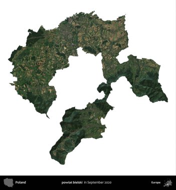 powiat bielski. Polonya idari bölgesi, Eylül 2020 'de çekilen Kopernik Nöbetçi karolarından oluşan bir uydu görüntüsü üzerinde beyaza izole edildi.
