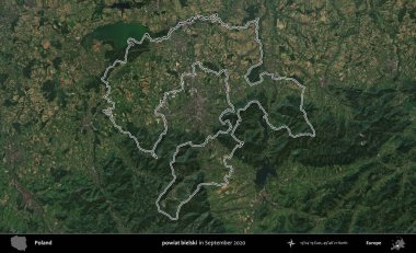 powiat bielski. Eylül 2020 'de çekilen Kopernik Nöbetçi karolarından oluşan bir uydu görüntüsü üzerine Polonya' nın idari bölgesinin ana hatlarını çizdim.