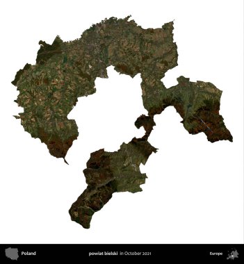 powiat bielski. Polonya idari bölgesi, Ekim 2021 'de çekilen Kopernik Nöbetçi karolarından oluşan bir uydu görüntüsü üzerinde beyaza izole edildi.