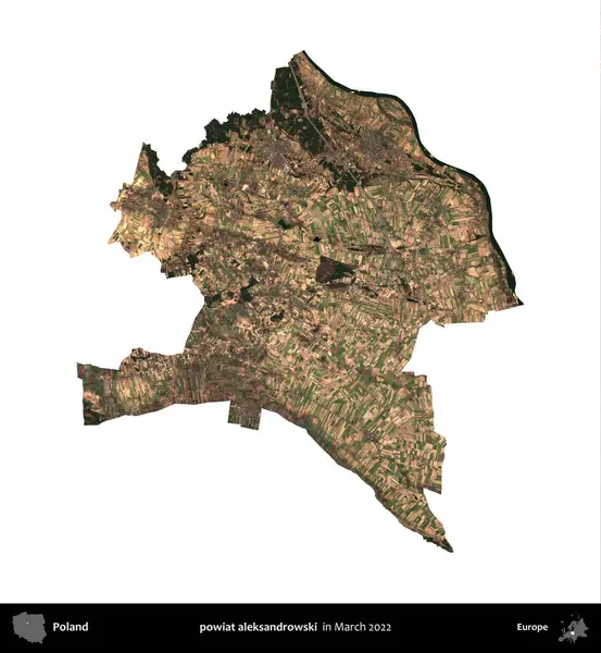 Powiat aleksanhipski. Polonya idari bölgesi, Mart 2022 'de çekilen Kopernik Nöbetçi karolarından oluşan bir uydu görüntüsü üzerinde beyaza izole edildi.