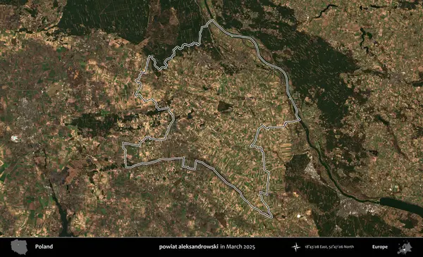 Powiat aleksanhipski. Polonya 'nın idari bölgesinin ana hatları, Mart 2025' te çekilen Kopernik Nöbetçi karolarından oluşan bir uydu görüntüsü üzerine çizildi.