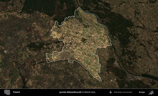 Powiat aleksanhipski. Polonya 'nın idari alanı, Mart 2025' te çekilen Kopernik Nöbetçi karolarından oluşan koyu renkli bir uydu görüntüsü üzerine vurgulandı ve özetlendi