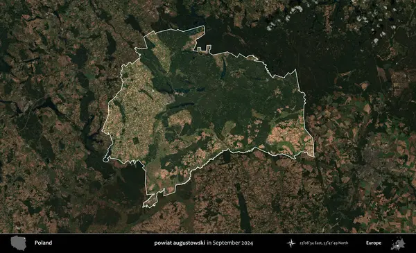 powiat augustowski. Polonya 'nın idari alanı, Eylül 2024' te çekilen Kopernik Nöbetçi karolarından oluşan koyu renkli bir uydu görüntüsü üzerine vurgulandı ve özetlendi