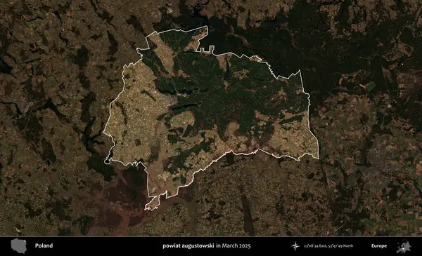 powiat augustowski. Polonya 'nın idari alanı, Mart 2025' te çekilen Kopernik Nöbetçi karolarından oluşan koyu renkli bir uydu görüntüsü üzerine vurgulandı ve özetlendi