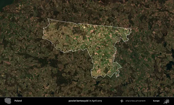 powiat bartoszycki. Polonya 'nın idari alanı, Nisan 2019' da çekilen Kopernik Nöbetçi karolarından oluşan koyu renkli bir uydu görüntüsü üzerine vurgulandı ve özetlendi.
