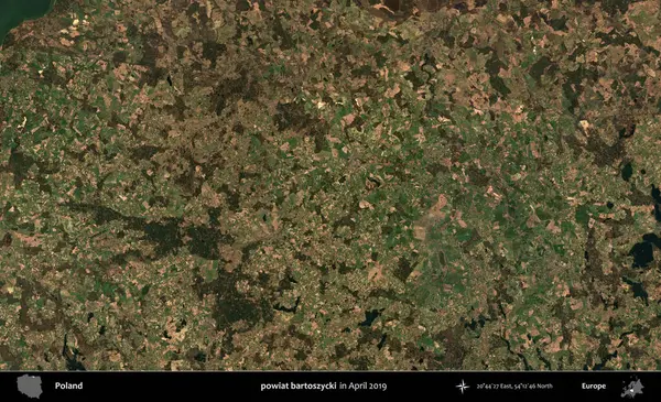 powiat bartoszycki. Nisan 2019 'da çekilen Kopernik Sentinel karolarından oluşan bir uydu görüntüsü üzerine Polonya' nın idari bölgesi