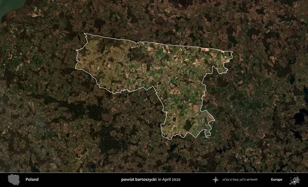 powiat bartoszycki. Polonya 'nın idari alanı, Nisan 2020' de çekilen Kopernik Nöbetçi karolarından oluşan koyu renkli bir uydu görüntüsü üzerine vurgulandı ve özetlendi