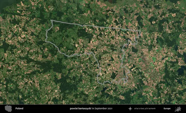 powiat bartoszycki. Eylül 2021 'de çekilen Copernicus Sentinel karolarından oluşan bir uydu görüntüsü üzerine Polonya' nın idari bölgesinin ana hatlarını belirledik.