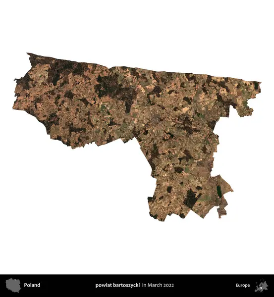 powiat bartoszycki. Polonya idari bölgesi, Mart 2022 'de çekilen Kopernik Nöbetçi karolarından oluşan bir uydu görüntüsü üzerinde beyaza izole edildi.