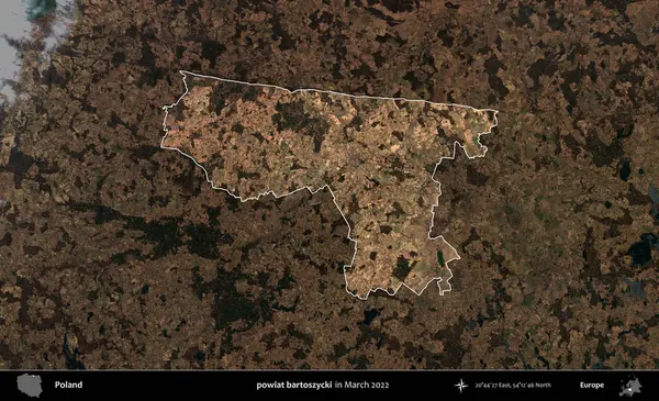 powiat bartoszycki. Polonya 'nın idari alanı, Mart 2022' de çekilen Kopernik Nöbetçi karolarından oluşan koyu renkli bir uydu görüntüsü üzerine vurgulandı ve özetlendi.