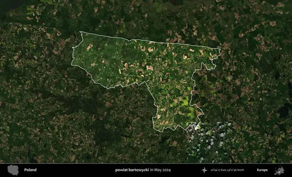 powiat bartoszycki. Polonya 'nın idari alanı, Mayıs 2024' te çekilen Kopernik Nöbetçi karolarından oluşan koyu renkli bir uydu görüntüsü üzerinde vurgulandı ve özetlendi.