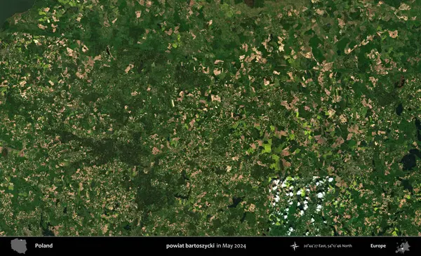powiat bartoszycki. Mayıs 2024 'te Copernicus Sentinel karolarından oluşan uydu görüntüsü üzerine Polonya' nın idari bölgesi