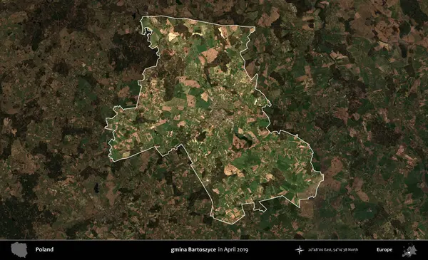 gmina Bartoszyce. Polonya 'nın idari alanı, Nisan 2019' da çekilen Kopernik Nöbetçi karolarından oluşan koyu renkli bir uydu görüntüsü üzerine vurgulandı ve özetlendi.