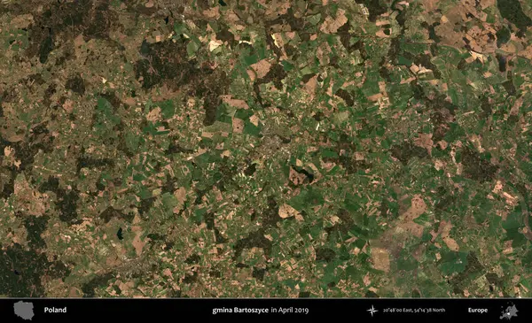 gmina Bartoszyce. Nisan 2019 'da çekilen Kopernik Sentinel karolarından oluşan bir uydu görüntüsü üzerine Polonya' nın idari bölgesi
