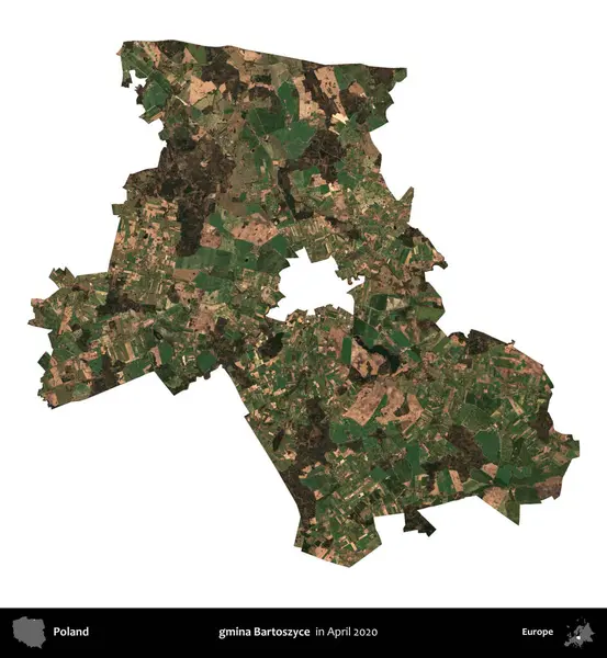 gmina Bartoszyce. Polonya idari bölgesi, Nisan 2020 'de çekilen Kopernik Nöbetçi karolarından oluşan bir uydu görüntüsü üzerinde beyaza izole edildi.