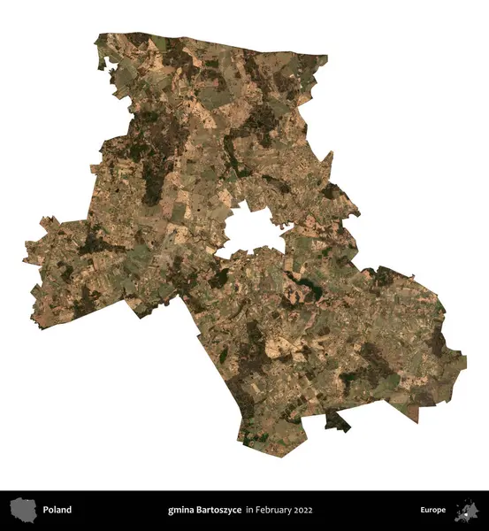 gmina Bartoszyce. Polonya idari bölgesi, Şubat 2022 'de çekilen Kopernik Nöbetçi karolarından oluşan bir uydu görüntüsü üzerinde beyaza izole edildi.