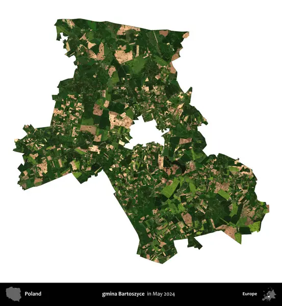 gmina Bartoszyce. Polonya 'nın idari bölgesi, Mayıs 2024' te çekilen Kopernik Nöbetçi Fayanslarından oluşan bir uydu görüntüsü üzerinde beyaza izole edildi.
