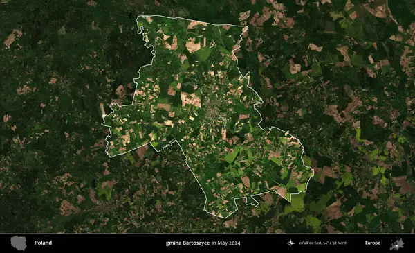 gmina Bartoszyce. Polonya 'nın idari alanı, Mayıs 2024' te çekilen Kopernik Nöbetçi karolarından oluşan koyu renkli bir uydu görüntüsü üzerinde vurgulandı ve özetlendi.