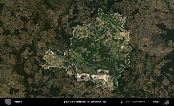 powiat belchatowski. Polonya 'nın idari alanı, Eylül 2020' de çekilen Kopernik Nöbetçi karolarından oluşan koyu renkli bir uydu görüntüsü üzerine vurgulandı ve özetlendi
