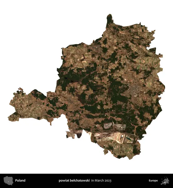 powiat belchatowski. Polonya 'nın idari bölgesi, Mart 2023' te çekilen Kopernik Nöbetçi Fayanslarından oluşan bir uydu görüntüsüyle beyaza izole edildi.