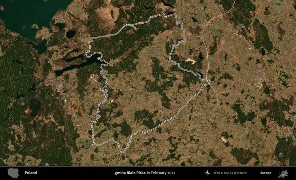 gmina Biala Piska. Polonya 'nın idari bölgesinin ana hatlarını, Şubat 2022' de çekilen Kopernik Nöbetçi karolarından oluşan bir uydu görüntüsü oluşturdu.