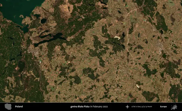gmina Biala Piska. Polonya 'nın idari bölgesi, Şubat 2022' de çekilen Kopernik Sentinel karolarından oluşan bir uydu görüntüsü üzerine kurulmuştur.