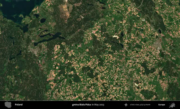 gmina Biala Piska. Copernicus Sentinel 'in Mayıs 2023' te çekilmiş uydu görüntüsü üzerine Polonya 'nın idari bölgesi.
