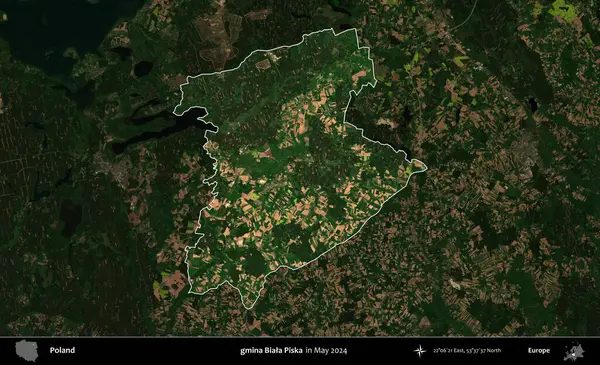 gmina Biala Piska. Polonya 'nın idari alanı, Mayıs 2024' te çekilen Kopernik Nöbetçi karolarından oluşan koyu renkli bir uydu görüntüsü üzerinde vurgulandı ve özetlendi.